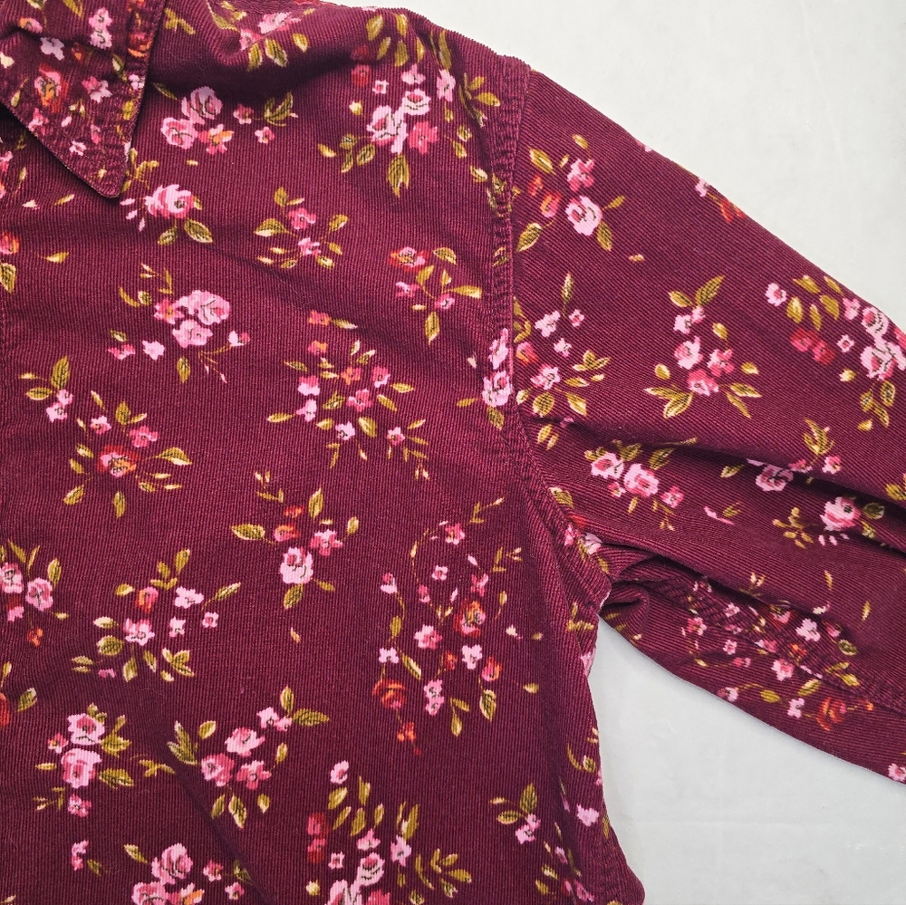 Cabin Creek Floral Corduroy Shirt Burgundy Cotton Button Up Cottagecore M - Picture 6 of 12